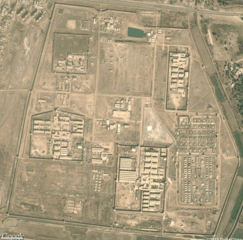 Abu Ghraib Prison: The infamous Iraqi prison where Saddam Hussein held political prisoners, and where U.S. soldiers were later caught torturing inmates. http://www.dailymail.co.uk/news/article-2524082/All-US-Armys-secret-bases-mapped-Google-maps.html